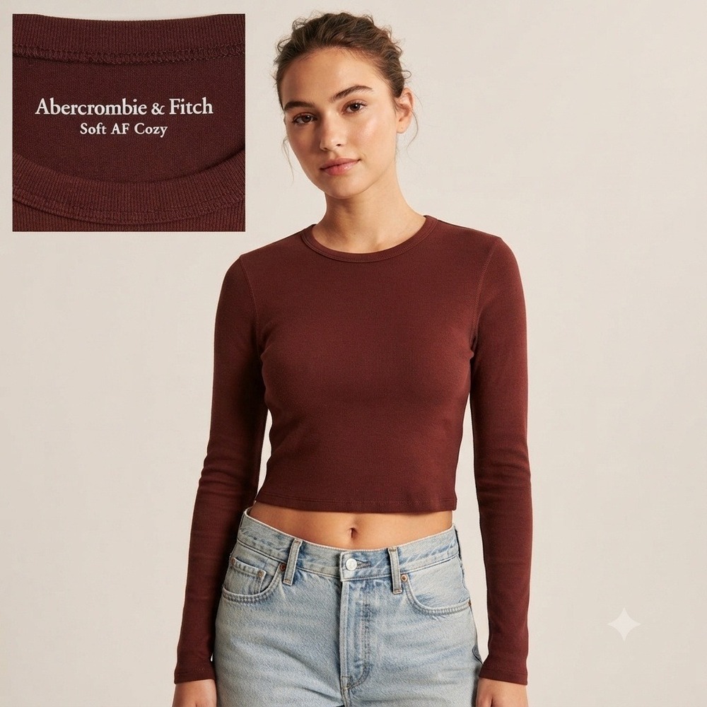 Abercrombie‎ & Fitch Top Womens M Burgundy Soft AF Cozy Cropped Long Sleeve Tee